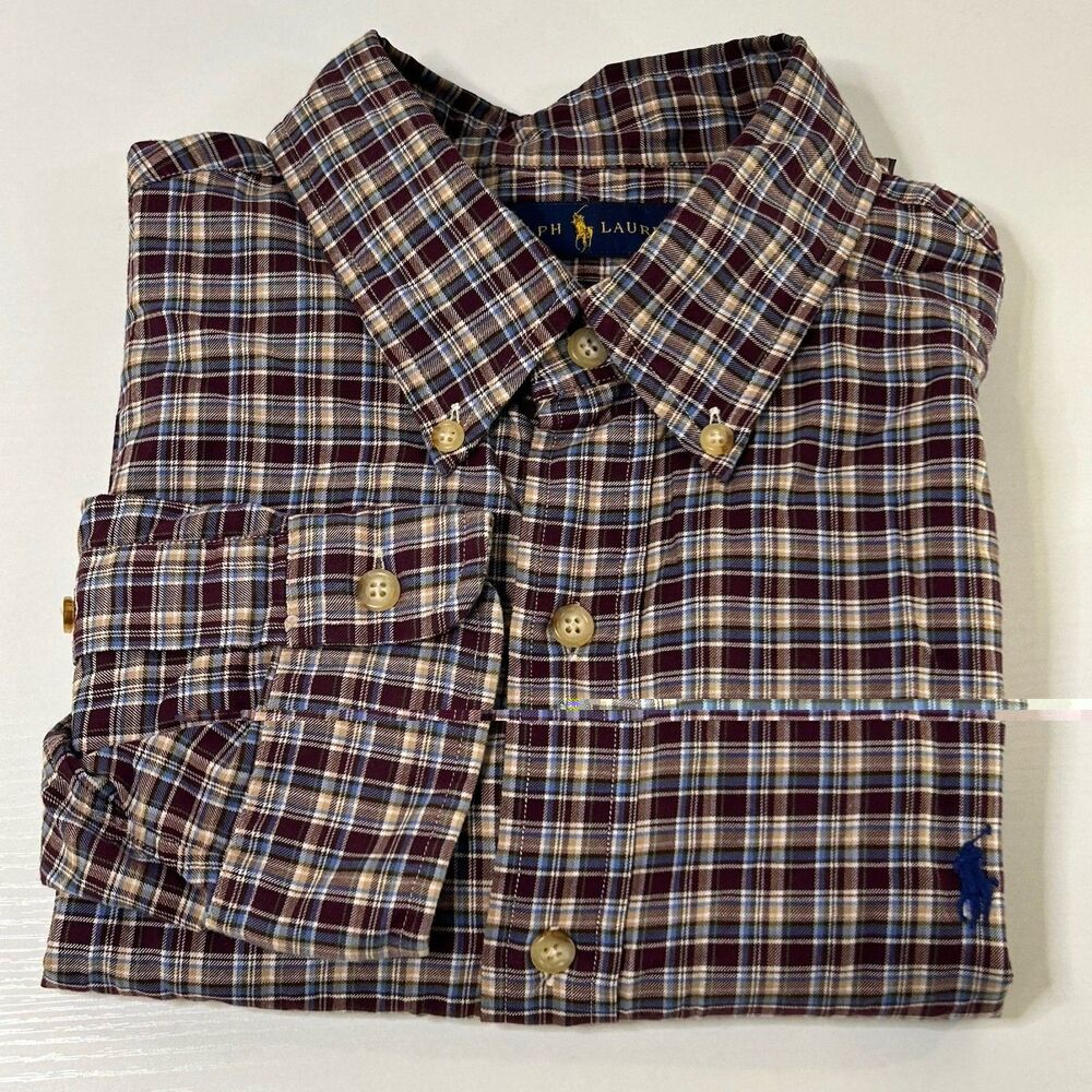 Ralph Lauren Mens Size L Button Down Shirt Red Blue Plaid Long Sleeve Blue Pony